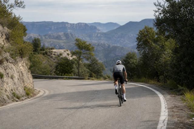 Road cyclists climbing a long mountain road above Barcelona on an early morning ride