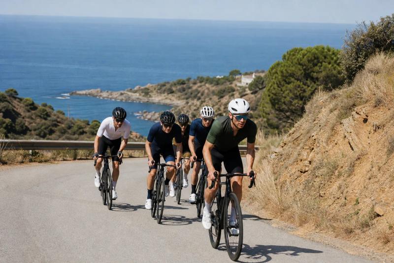 Group of road riders climbing a short rise on the Costa Brava coast road with the sea behind