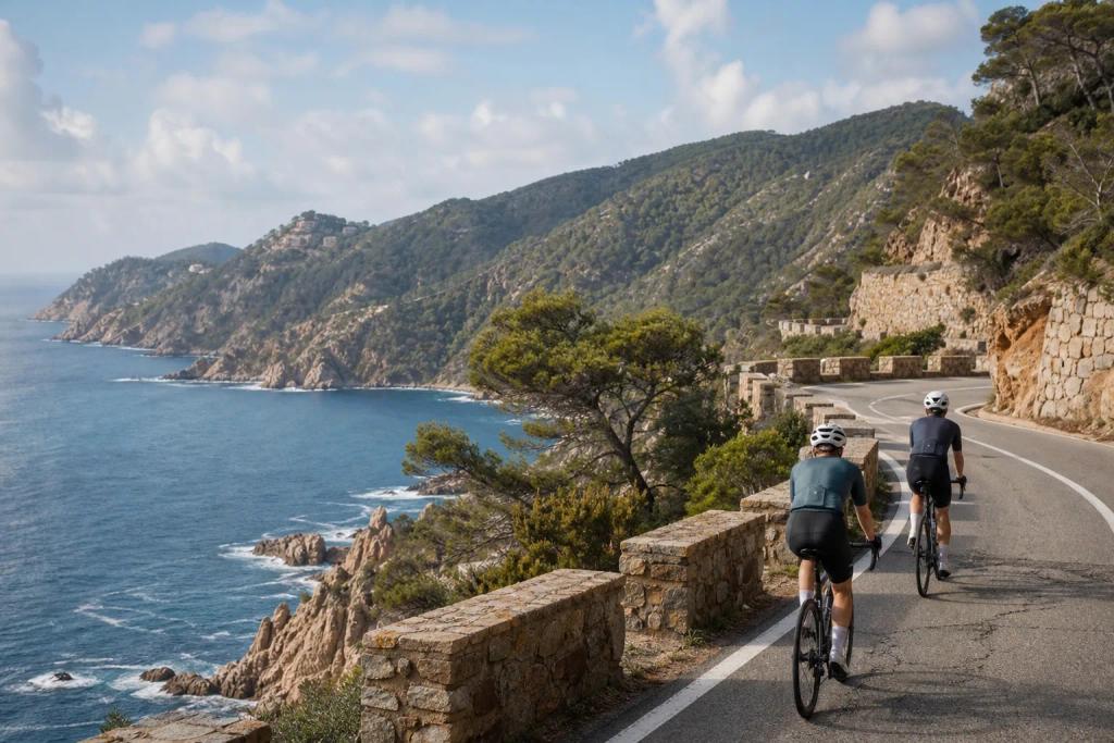 A road cyclist riding the Costa Brava cliff road above a rocky cove and turquoise sea