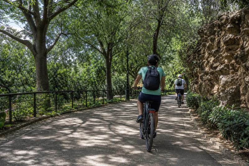 E-bike riders on a shaded path through a Barcelona city park